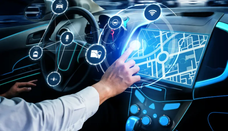 Driverless car interior with futuristic dashboard for autonomous control system .