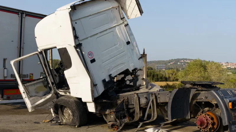 A damaged truck on the side of the road.