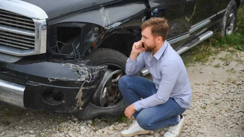 Man calling help after a car crash accident on the road.