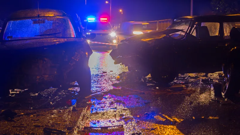 Night slippy road car accident. Car crash in police light