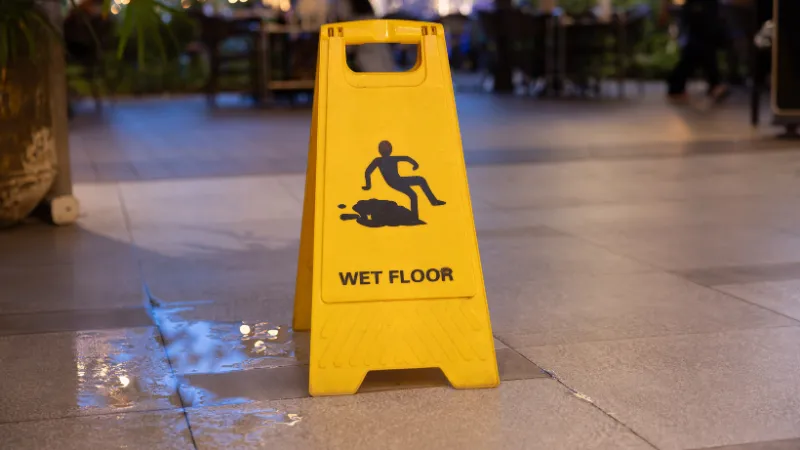 A yellow sign with a man falling on it and the words Wet Floor