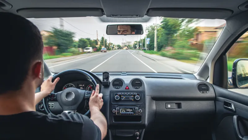 Hands on the wheel when driving at high speed from inside the car