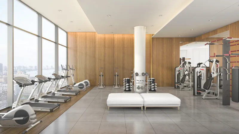 3d rendering modern wood gym and fitness with city view