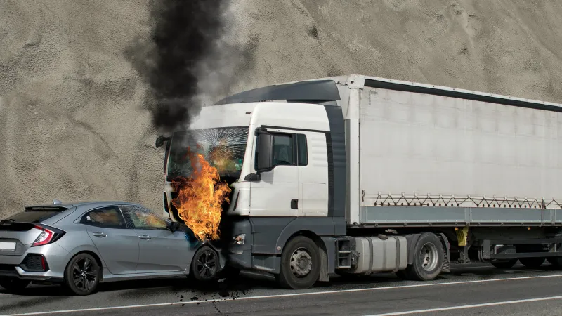 Collision between a car and a truck transporting goods.