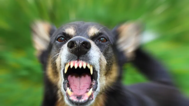 Barking enraged shepherd dog outdoors. The dog looks aggressive, dangerous and may be infected by rabies.
