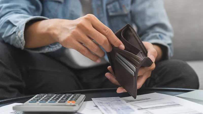 male hand open empty wallet not have budget of money to pay no have credit card, not able payment bill, loan or expense with bank, bankruptcy