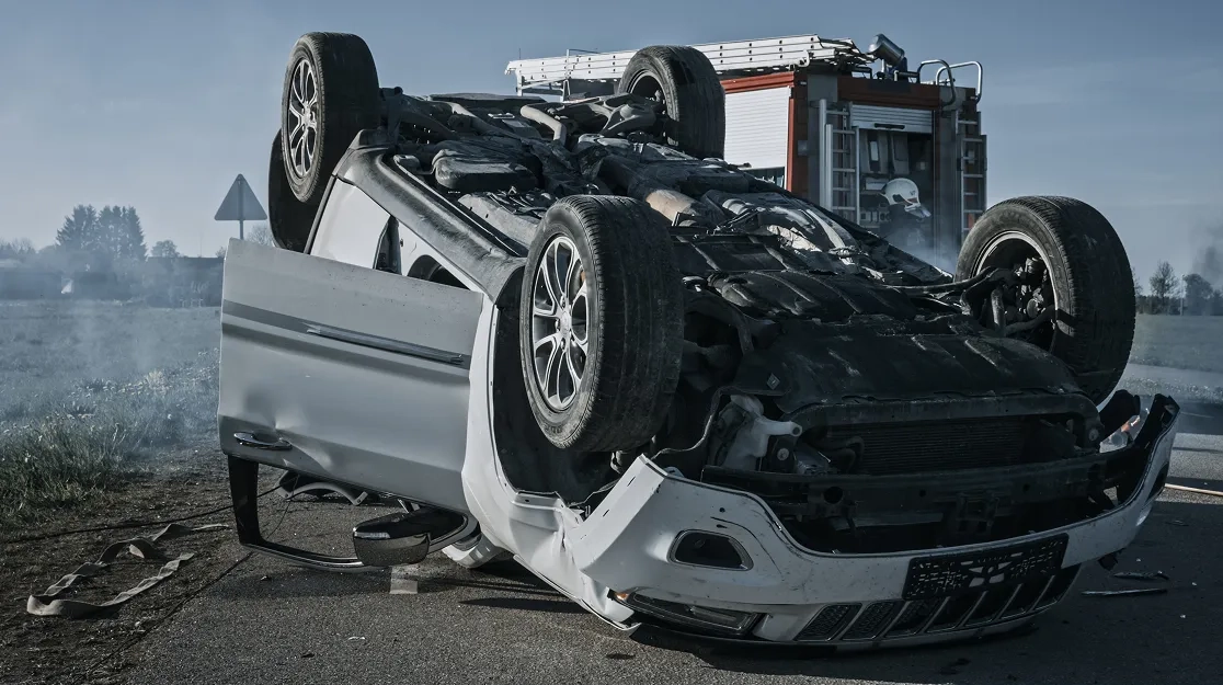A flipped vehicle.