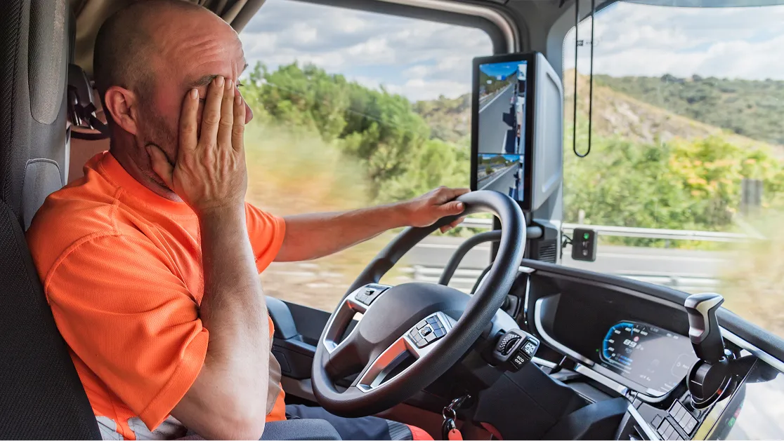 A drowsy man with his left hand on the steering wheel, while his other hand is on his face, feeling dizzy.